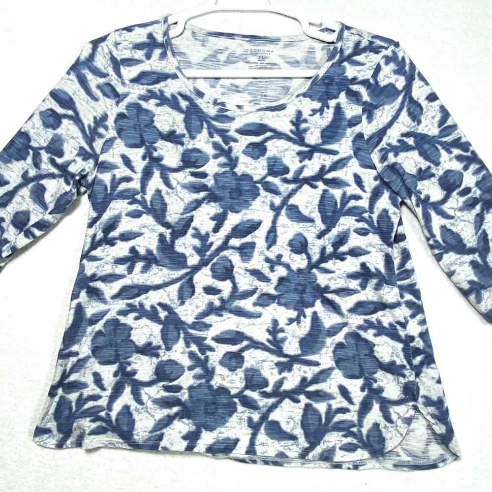Sonoma Top Women's PL Blue White Floral 3/4 Sleeve Crewneck Stretch Casual Shirt - Picture 5 of 12